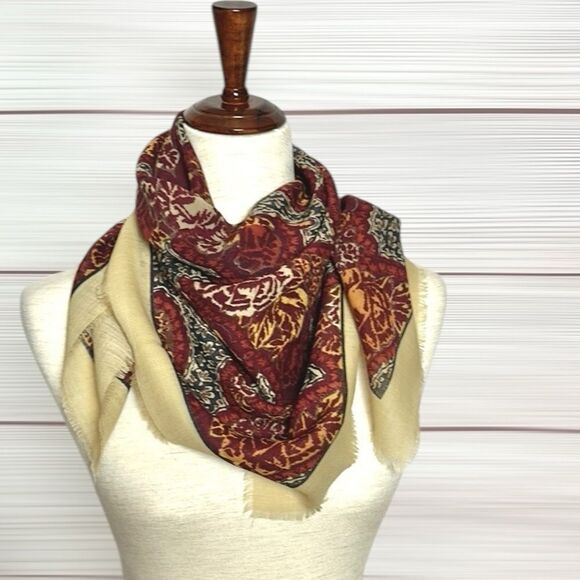 Wool Square Scarf Lightweight Tan Brown Plum Paisley Print Made in Italy 33x33” - Picture 3 of 8